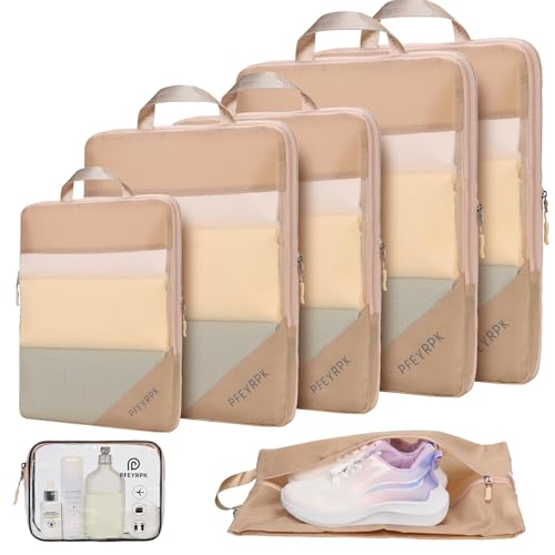 PFEYRPK Lightweight Compression Packing Cubes for Suitcases, Compressible Expandable Travel Packing Organizer with Clear Toiletries and Backpack Bag, Travel Essentials for Carry on Luggage 7 Set - color: Mesh/Khaki, size: 7 Set