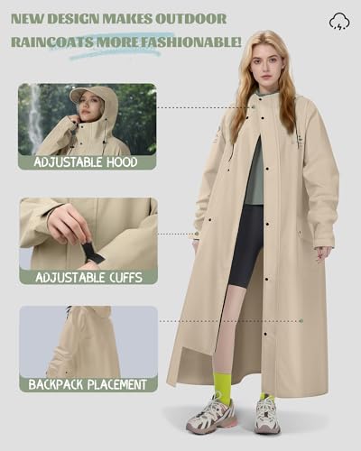 Rain Jacket Women with Hooded Waterproof Lightweight Packable Long Raincoat Poncho for Men Adults - color: Khaki, size: Large