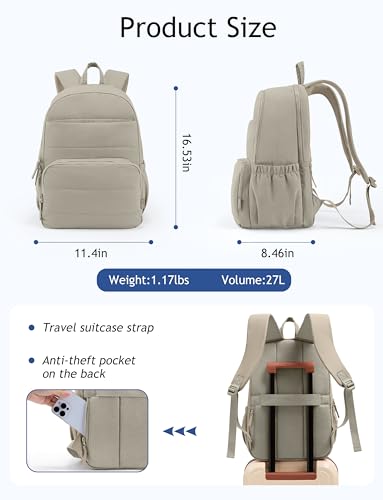 Uselike Travel Backpack for Women, 15.6 Inch Laptop Backpack, Quilted College Bookbag, Cute Work Backpacks, Water Resistant - color: Khaki Ash
