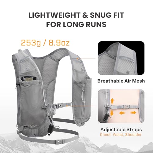 EVERFUN Hydration Backpack Running Vest Small Hiking Water Backpack with 1.5L Water Bladder for Women Men, Lightweight Reflective Phone Holder Hydro Pack for Trail Running, Biking, Race, Marathons - style: Gray