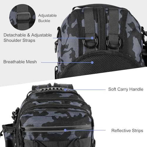 MoKo Fishing Backpack Sling Bag with Rod & Gear Holder, Nylon Waterproof Fishing Tackle Storage Bag for Fishing - color: Gray Camouflage