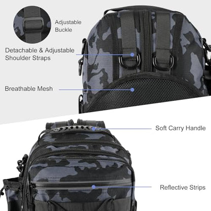MoKo Fishing Backpack Sling Bag with Rod & Gear Holder, Nylon Waterproof Fishing Tackle Storage Bag for Fishing - color: Gray Camouflage
