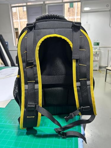 Rugged yet Comfortable Tool Backpack with Hard Molded Bottom and Tool Pouch, Heavy Duty 1680D Tool Bag with Laptop Sleeve, Multiple Pockets for Power Tools and Hand Tools, USB Port, Padded Straps