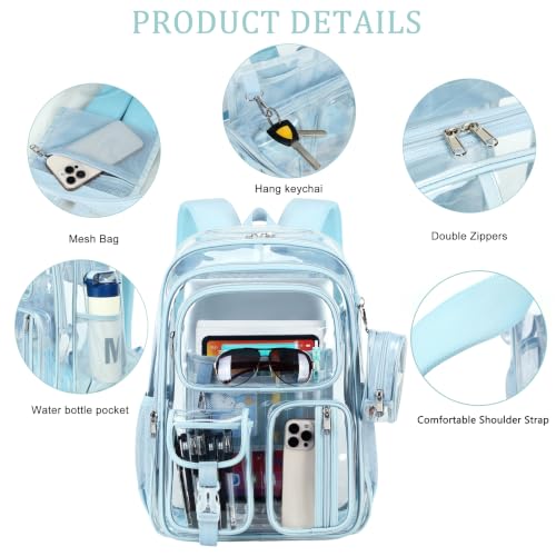 Clear Backpack for School,18 Inch Extra Large Heavy Duty Bookbag for Girls and Boys,Durable See Through PVC Transparent School Backpack forTravel(Blue) - color: Blue