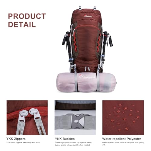 MOUNTAINTOP 80L Internal Frame Backpack for Man & Women Backpacking Hiking Backpack with Rain Cover - color: Maroon-80l