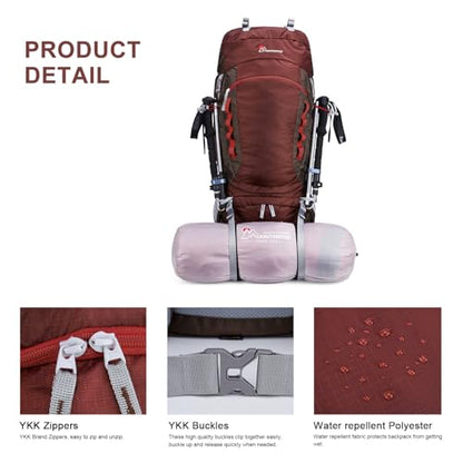 MOUNTAINTOP 80L Internal Frame Backpack for Man & Women Backpacking Hiking Backpack with Rain Cover - color: Maroon-80l
