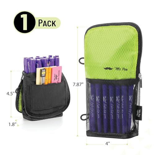 Mr. Pen- Standing Pencil Case Pouch, Sit & Lay Mesh-View Design, Black & Lawn Green, Interior Pocket & 2 Elastic Binder Loops, Cute Pencil Case for Girls and Boys - color: Black & Lawn Green