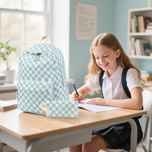 Bluboon School Backpack Set Girls Womens Laptop Bookbag Casual Daypack Fits 15 inch Laptop with Lunch Tote Bag and Pencil Bag - color: Blue Checked