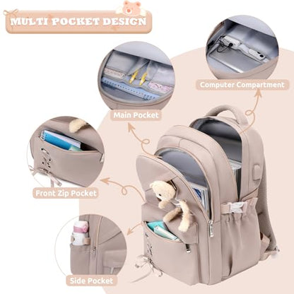 ACESAK School Backpack for Girls - 3 PCS Cute Girls Backpack with Lunch Box & Pencil Case - Kawaii Casual Kids Bookbag School Bag Daypacks Set for Elementary Middle High School Student Teens (Khaki) - color: Khaki