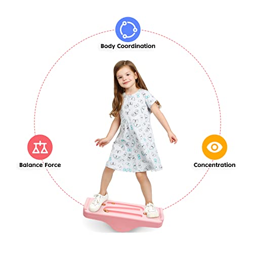 Kids Rocking Seesaw Balance Board with 5 Wooden Balls Sensory Training Rocking Board Balance Training Equipment Children Indoor Outdoor Activity Toy (Pink) - color: Pink