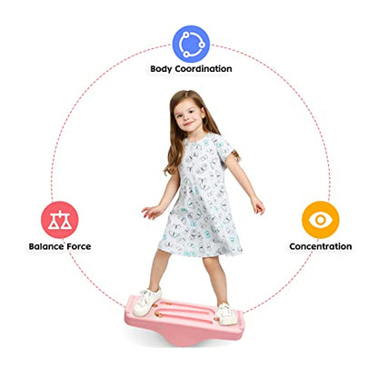 Kids Rocking Seesaw Balance Board with 5 Wooden Balls Sensory Training Rocking Board Balance Training Equipment Children Indoor Outdoor Activity Toy (Pink) - color: Pink