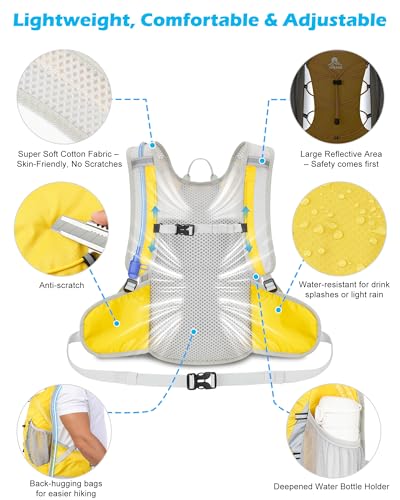 Hydration Backpack with 2L Water Bladder - Lightweight 15L Daypack with Phone-Sized Hip Belt Pockets, Anti-Chafe Cotton Edging & No-Bounce Straps - Small Water Backpack for Hiking, Running, Skiing - color: Yellow