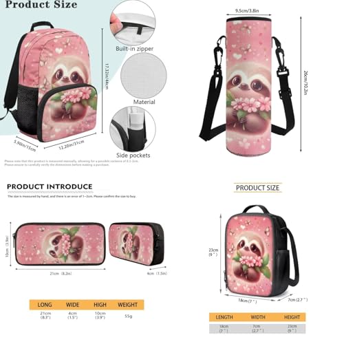 JEOCODY Cute Sloth Backpack for Girls Cherry Blossom Kids School Bag with Lunch Bag Pencil Case Water Bottle Holder,Childrens Backpack for Boys Casual Daypack for Travel Hiking Picnic - color: Cherry Blossom Sloth Printed