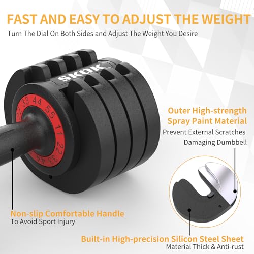 SKOK 25/55 lbs Pair Adjustable Dumbbells Set, Adjustable Weights Dumbbells Set for Men and Women with Anti-Slip Fast Adjust Weight by Turning Handle Dumbbell with Tray - color: 55lbs-Black-Pair