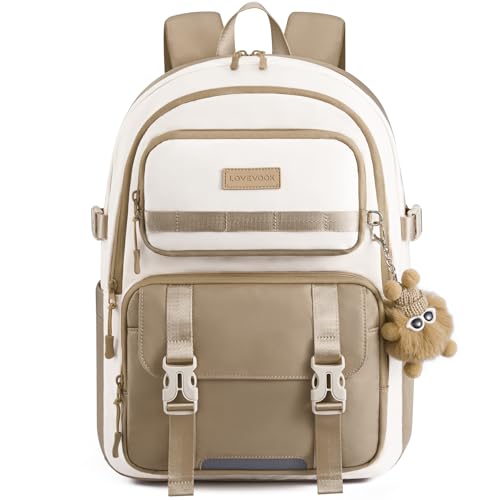 LOVEVOOK School Backpack for Girls, Anti-Sagging Bookbag for Middle High College Back to School, Cute Teen Backpacks with DIY Webbing Fits 15.6" Laptop & 40oz Water Bottle,Khaki - color: Khaki, size: 16 inch