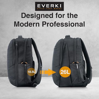 EVERKI Studio Expandable 26L Laptop Backpack – Business & Carry On Travel Backpack for Men & Women with Expandable Storage Padded Laptop Compartment Professional Backpack Fits Laptops up to 15", Black - size: 26 Liters