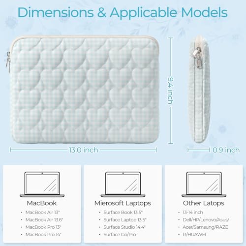 13-14 inch Cotton Quilted Laptop Sleeve for Women, Aesthetic Puffy Laptop Case Carrying Bag Compatible with MacBook Air/Pro 13/Pro 14, Soft Computer Liner Bag (Blue Gingham, 13.3inch) - color: Blue Gingham, size: 13.3 inch