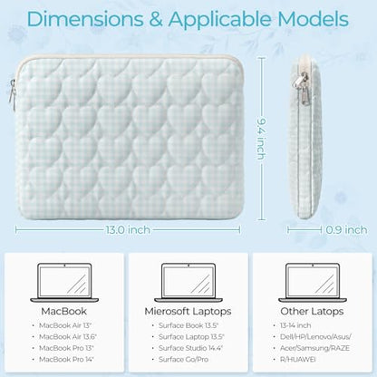 13-14 inch Cotton Quilted Laptop Sleeve for Women, Aesthetic Puffy Laptop Case Carrying Bag Compatible with MacBook Air/Pro 13/Pro 14, Soft Computer Liner Bag (Blue Gingham, 13.3inch) - color: Blue Gingham, size: 13.3 inch