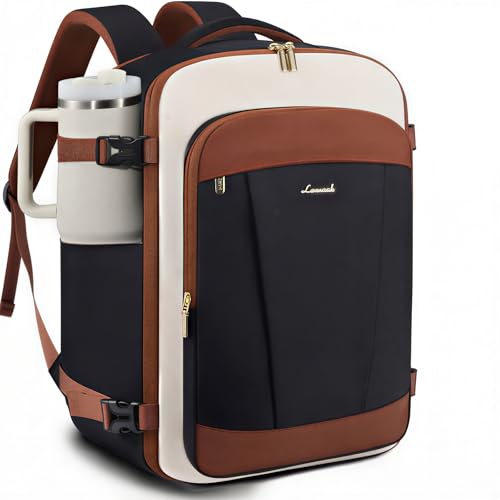 LOVEVOOK 40L Travel Backpack for Women & Men, Airline Approved Carry On Backpack, TSA Personal Item Bag fits 17.3 Inch Laptop, Waterproof Weekender Overnight Bags Suitcase for Work, Black-Brown-Beige - color: Black-brown-beige, size: 40L-17.3Inch-3Pcs