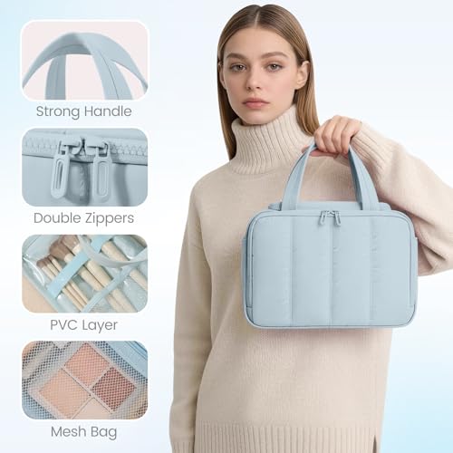 Wide Opening Toiletry Bag for Women,Travel Makeup Bag with Mesh Pocket,Cosmetic Travel Organizer with Wet Dry Separation,Toiletries Bag,Blue - color: Blue