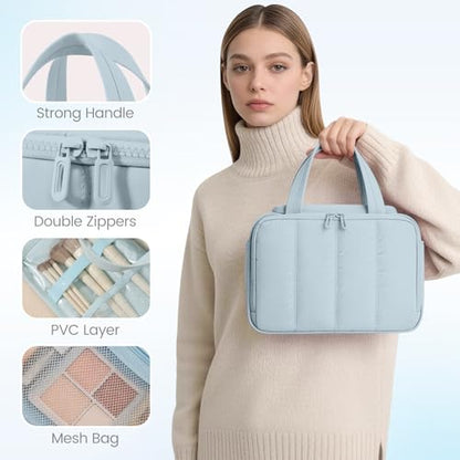 Wide Opening Toiletry Bag for Women,Travel Makeup Bag with Mesh Pocket,Cosmetic Travel Organizer with Wet Dry Separation,Toiletries Bag,Blue - color: Blue
