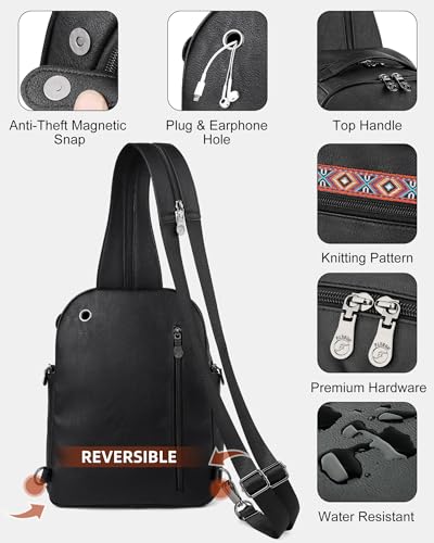 FADEON Large Sling Bag for Women, Designer Leather Crossbody Purse Convertible Sling Backpack, Anti Theft Daypack for Travel - color: Black Retro Style