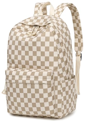 Bluboon School Backpack for Teen Girls Women Laptop Backpack College Bookbags Middle School Travel Work Commuter Back Pack - color: Brown White Grid