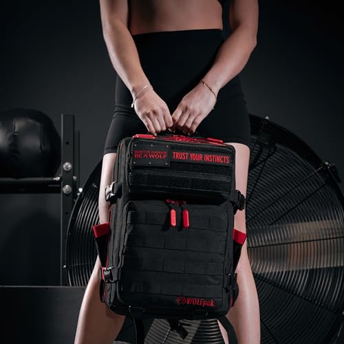 WOLFpak 25L Athletic Gym Backpack (Red Wolf) Durable 1000D Waterproof Oxford Material with MOLLE Webbing, Laptop Pocket & Dual Cup Holders, Durable Fitness/Travel/Military Daypack - color: Red Wolf