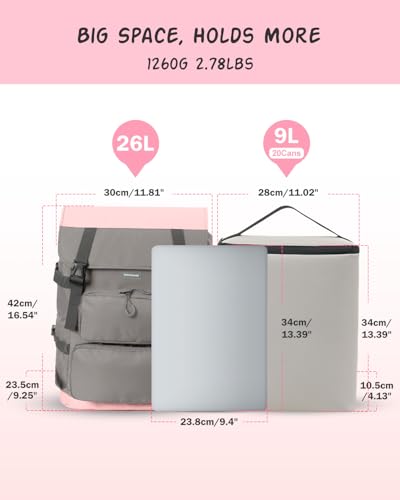 Odoland 2-in-1 Cooler Backpack with Removable Insulated Bag, 26L Leak-Proof Dry Wet Separation Backpack with 9L Cooler (20 Cans) for Beach Picnic Camping Day Trip, Lunch Diaper Bag for Men Women - color: Pink