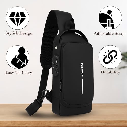 Unisex Anti-Theft Sling Bag with USB Port, Water-Resistant Crossbody Chest Backpack for Travel & Work - color: Black