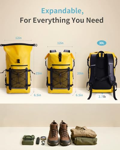 ECOHUB Waterproof Backpack for Women Men, 30L Roll-Top Closure Heavy Duty Dry Bag for Travel with IPX8 Waterproof Phone Case - color: Yellow