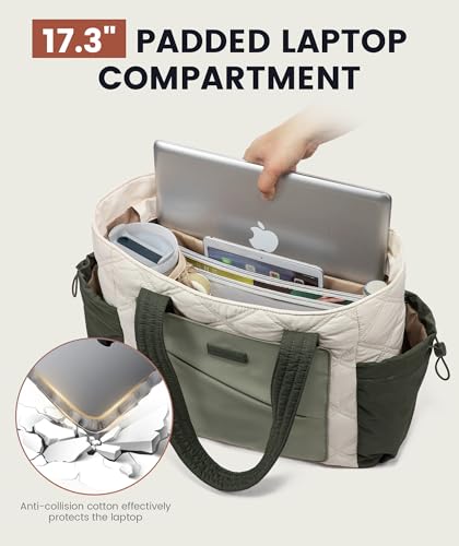 LOVEVOOK Tote Bag for Women, puffer tote bag for Work Travel Nurse, Lightweight quilted Bags with Compartments - color: L-17.3 Inch-cream-green