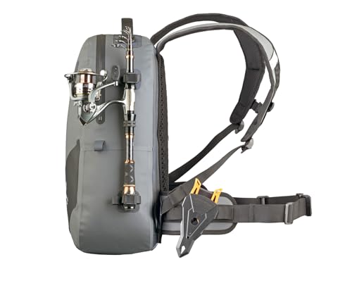Xelfly - Waterproof Fishing Backpack with Rod Holder, Inflatable Air Valve, Padded Waist Straps & Gear Loops - Submersible Zipper, Rugged Top Handle, Adjustable Attachments (Gray) - color: Gray, size: Fishing Backpack