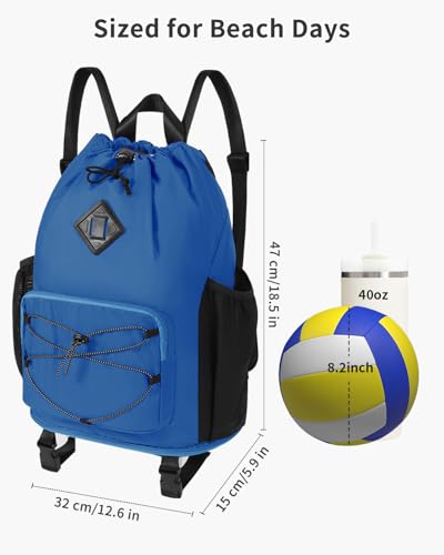 WANDF Drawstring Backpack with Removable Wet Pocket, Sandproof Beach Backpack with Bottom Compression Strap for Beach Mat, Swim Bag for Pool, Gym, Travel and Workout Gear (Navy Blue) - color: Navy Blue