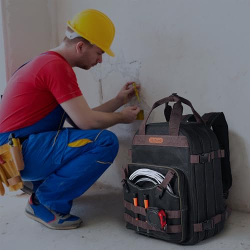 WELKINLAND 90-Pockets Electrician Backpack, Wax-Canvas Tool Backpacks Heavy Duty, Convenient Work Tool Back pack With Pockets