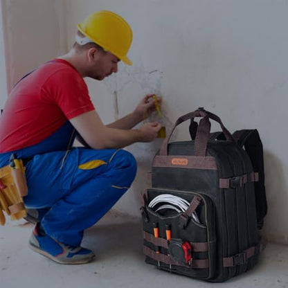 WELKINLAND 90-Pockets Electrician Backpack, Wax-Canvas Tool Backpacks Heavy Duty, Convenient Work Tool Back pack With Pockets