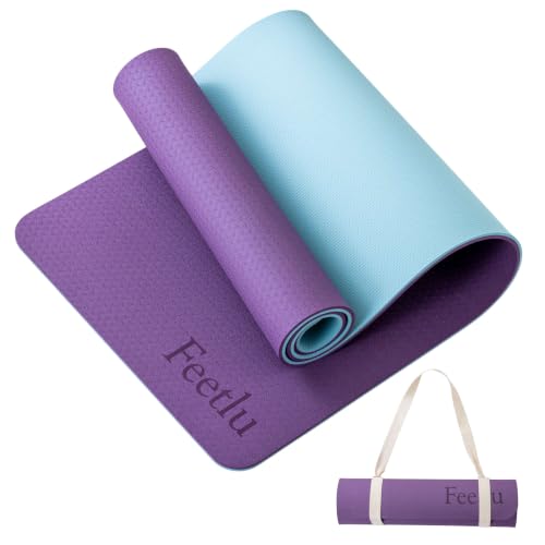 Extra Thick Yoga Mat with Carry Strap, 10mm Non-Slip Exercise Mat, 72 x 24 Inch Cushioned Workout Mat for Yoga, Pilates, Stretching & Floor Exercises - color: Dark Purple & Blue Gray