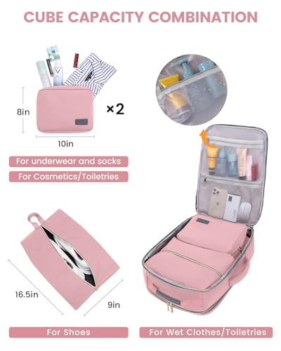 LOVEVOOK 40L Travel Backpack for Women & Men, Airline Approved Carry On Luggage with 3 Packing Cubes, TSA Overnight Bags, Waterproof Personal Item Bag, Weekender Essentials Backpacks fits 17" Laptop - color: Pink-light Grey-grey, size: Large