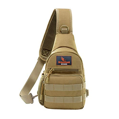 BraveHawk OUTDOORS Sling Chest Bag, 900D Nylon Tactical MOLLE Compact Crossbody Hiking Cycling Pack - color: Khaki