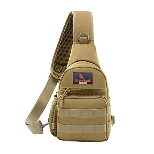 BraveHawk OUTDOORS Sling Chest Bag, 900D Nylon Tactical MOLLE Compact Crossbody Hiking Cycling Pack - color: Khaki