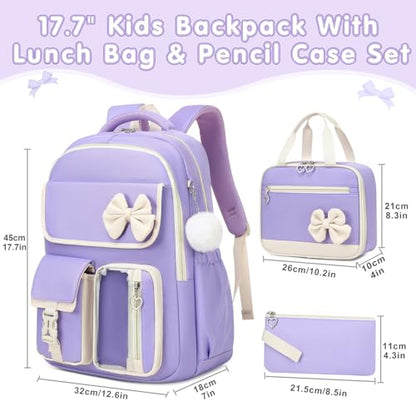 GeeWin Girls Backpack for School with Lunch Box & Pencil Case Set, 17 Inch Waterproof Cute Bow Girls Bookbag for Kids, Teens, Elementary Middle High College School Student (Purple/Beige) - color: Purple Beige