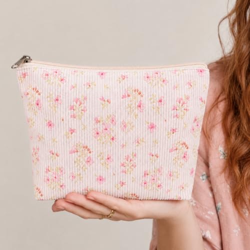 Corduroy Makeup Bag Cosmetic Bag Toiletry Bag – Large Capacity Portable Organizer Pouch for Travel and Daily Storage (Light Pink Floral Print 1) - color: Light Pink Floral Print 1