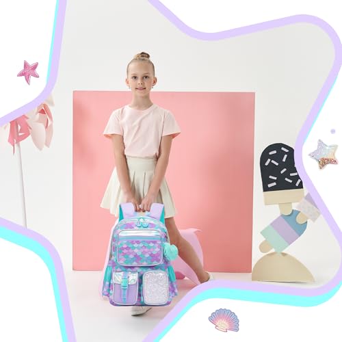 Meetbelify Mermaid Backpack for Girls School Backpack with Lunch Box for Elementary Student Cute School Bag Kids Bookbag for Girls 8-10 - color: Mermaid