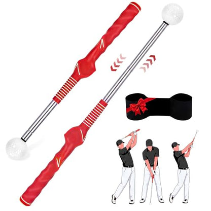5-in-1 Golf Swing Trainer for Right-Handed Golfers with Click Feedback, Retractable Training Aid, Grip Trainer & Arm Band, Improve Tempo & Swing Path, Indoor Outdoor Practice - color: Red