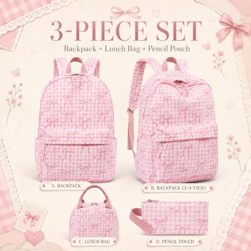 LEDAOU Backpack for Girls School Bag Kids Bookbag Teen Backpack Set Daypack with Lunch Bag and Pencil Case | Kids - color: A-bow Tie Pink