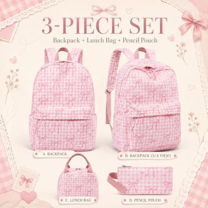 LEDAOU Backpack for Girls School Bag Kids Bookbag Teen Backpack Set Daypack with Lunch Bag and Pencil Case | Kids - color: A-bow Tie Pink