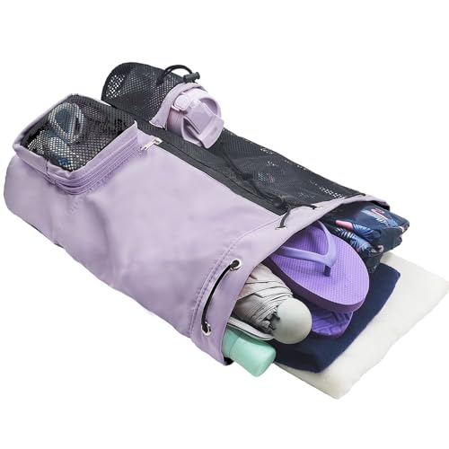 Mesh Beach Backpack with Wet Pocket Drawstring Pool Bag Waterproof Swimming Bag Gym Backpack for Men & Women - color: Purple