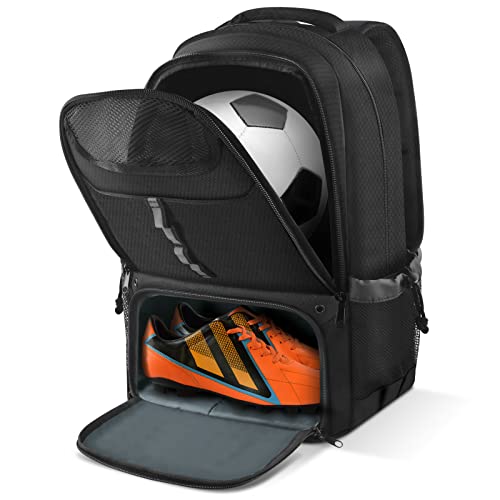 BROTOU Soccer Backpack Sports Bag with Ball Holder and Shoe Compartment for Football Basketball Volleyball Rugby - color: Black