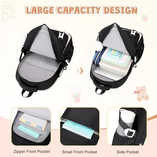 DIGOBAY 3PCS Girls Backpack for School, Large Kids Backpack for Girls with Lunch Box Pencil Case Set for Teen Girl Elementary Primary Middle High College School Bookbag with Cute Pins (Black-beige) - color: Black-beige