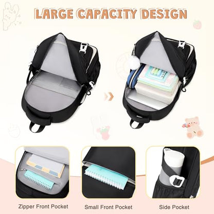 DIGOBAY 3PCS Girls Backpack for School, Large Kids Backpack for Girls with Lunch Box Pencil Case Set for Teen Girl Elementary Primary Middle High College School Bookbag with Cute Pins (Black-beige) - color: Black-beige
